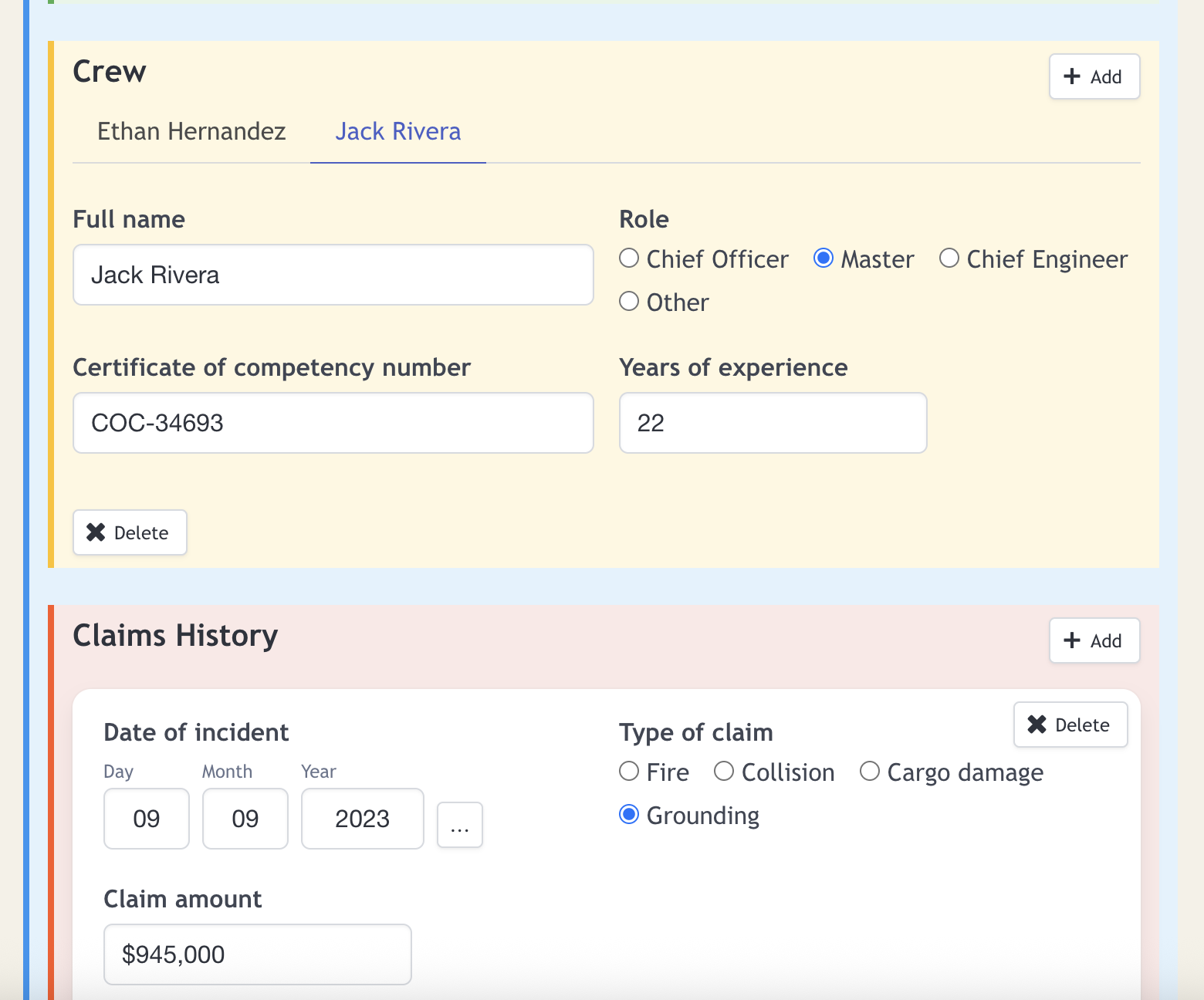 Marine vessel insurance — crew management with entity relationships and claims history